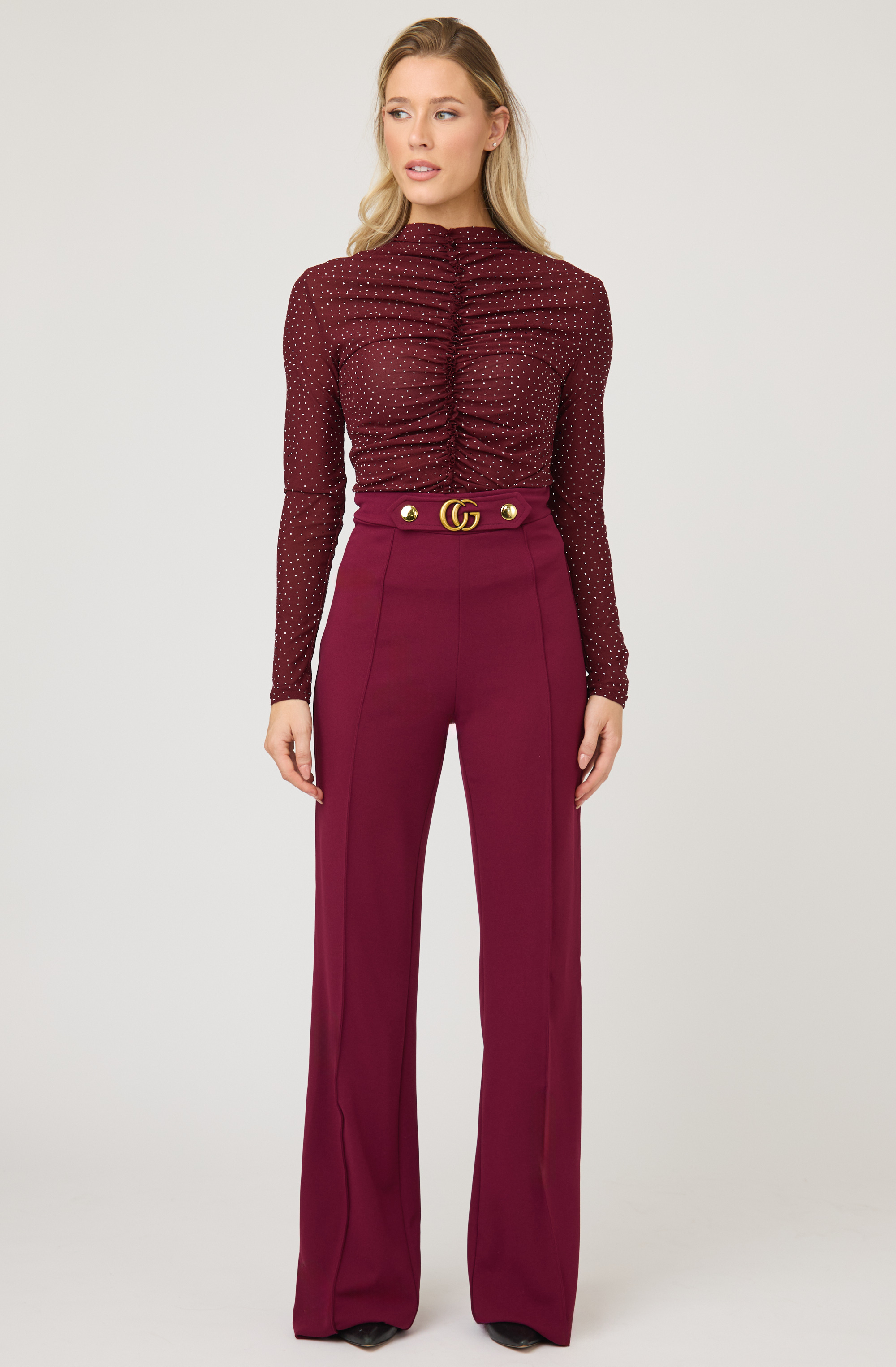 Ruched Rhinestone Mesh Top