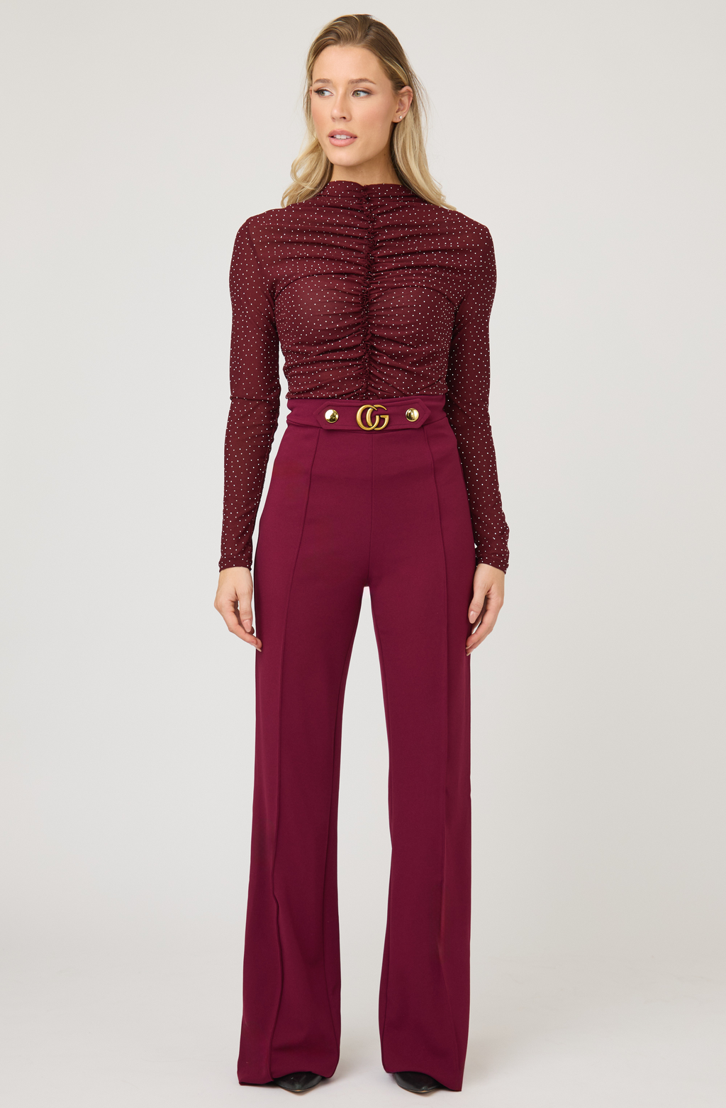 Ruched Rhinestone Mesh Top